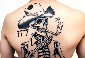 I have a skeleton cowboy smoking a cigarette with smoke that shapes into a heart. It says “wanted” above it and “outlaw” under it. I’d like “777” or a sheriff badge in the background tattoo idea