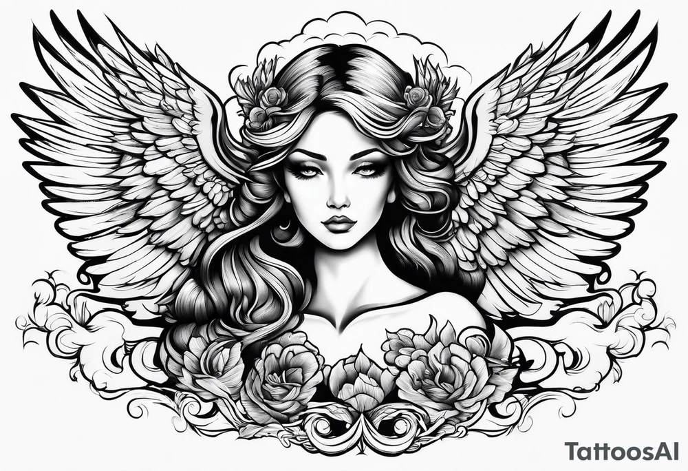 black angel with clouds in the background tattoo idea