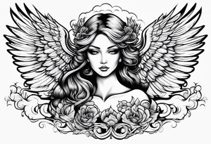 black angel with clouds in the background tattoo idea