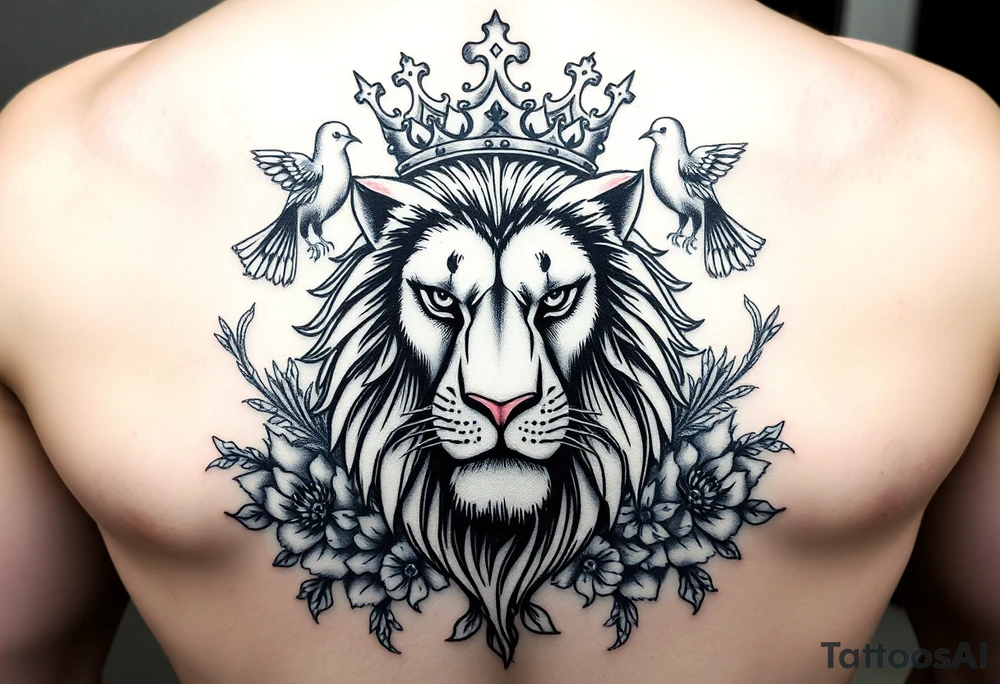 powerful majestic lion with a crown, surrounded by floral ornaments and birds tattoo idea