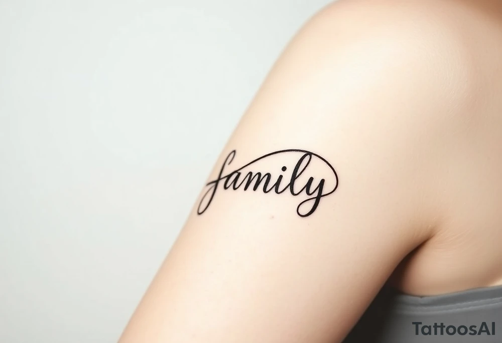 A flowing infinity symbol intertwined with the word "family" written in elegant cursive, symbolizing endless love and connection tattoo idea