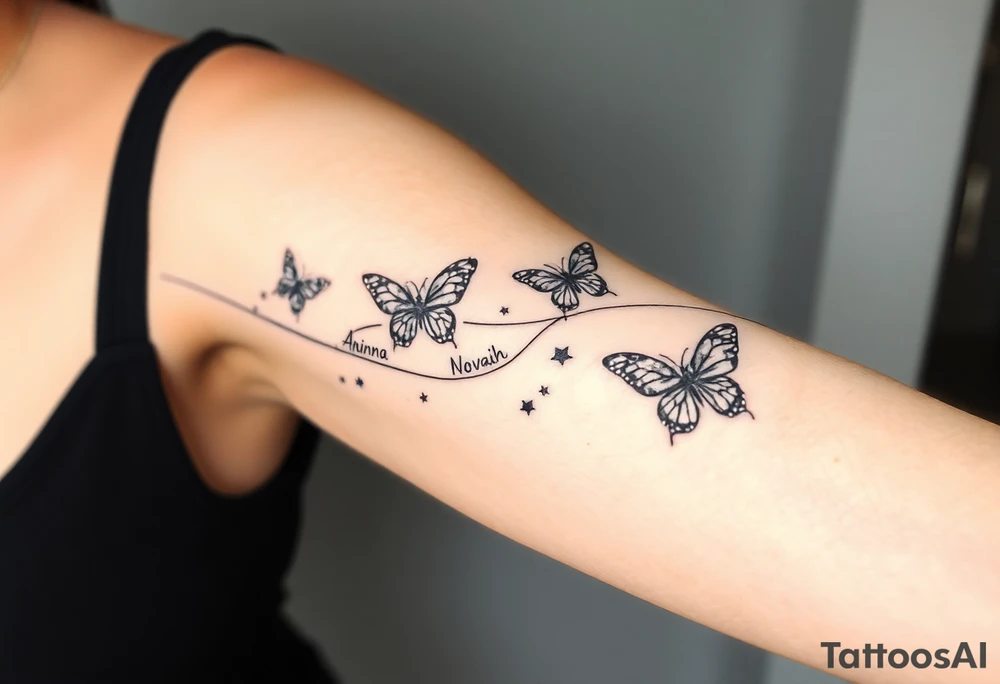 Butterflies streaming down arm with kid names (Aden, Aninna, Novaih, Jayla, Rayla ) in between them with a streamer binding them together tattoo idea