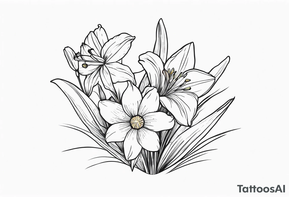 bouquet of flowers containing one lily, one daisy, one daffodil, and one narcissus. fine line with the stems in a bouquet tied by a bow. small bouquet. very dainty style. tattoo idea