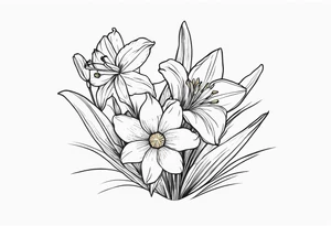 bouquet of flowers containing one lily, one daisy, one daffodil, and one narcissus. fine line with the stems in a bouquet tied by a bow. small bouquet. very dainty style. tattoo idea
