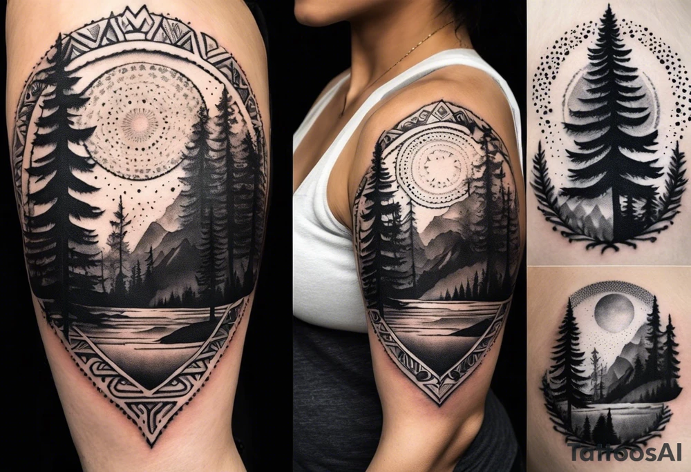 Mexican American inspired that incorporates being a father,  love for family and importance of building wealth. Include elements of the Pacific Northwest Forrest on shoulder tattoo idea