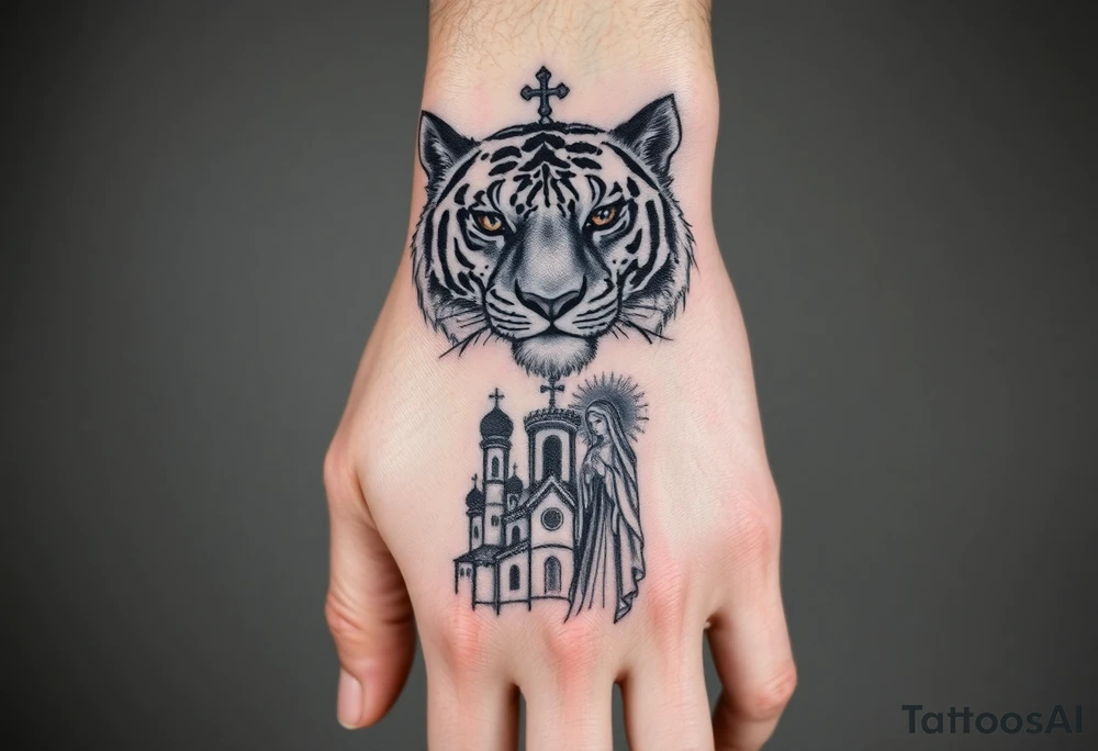 in a dorsal view of the hand and forearm a tiger face with black hollowed eyes, then above a orthodox church shrouded with a mist and fading into a virgin mary overlooking tattoo idea