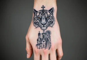 in a dorsal view of the hand and forearm a tiger face with black hollowed eyes, then above a orthodox church shrouded with a mist and fading into a virgin mary overlooking tattoo idea