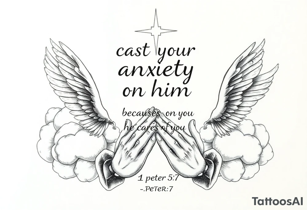 cast all your anxiety on him because he cares for you"  1 peter 5:7 surrounded with clouds and angels and praying hands tattoo idea