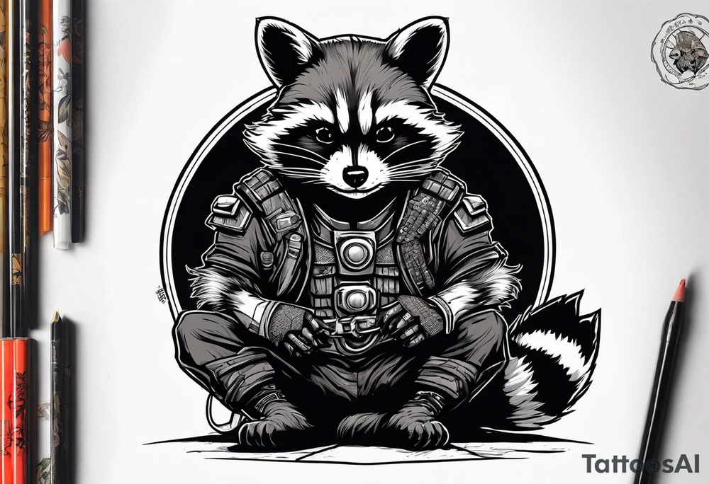 Rocket raccoon sitting with a black cat tattoo idea