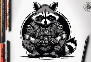 Rocket raccoon sitting with a black cat tattoo idea