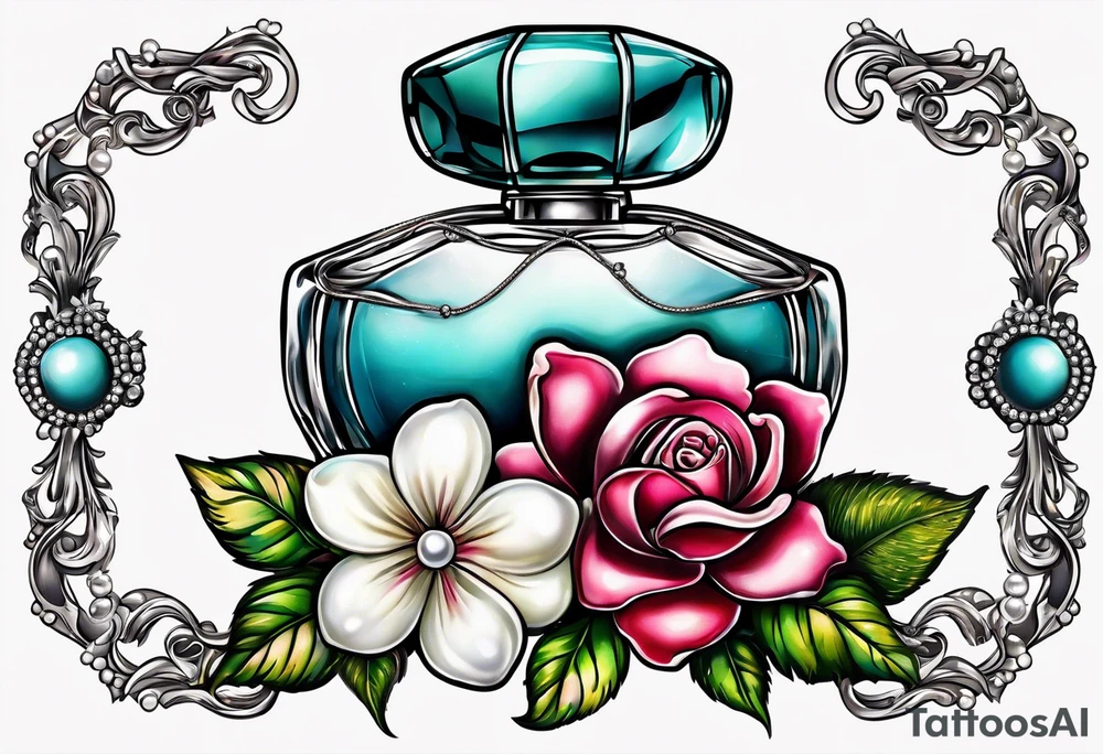 Pearl necklace wrapped around 1950s perfume bottle with flowers and bows surrounding tattoo idea