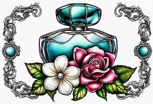 Pearl necklace wrapped around 1950s perfume bottle with flowers and bows surrounding tattoo idea