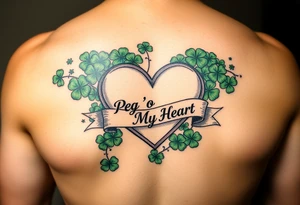 A ton of green shamrocks with a big heart with a banner across the heart that says Peg 'o My Heart tattoo idea