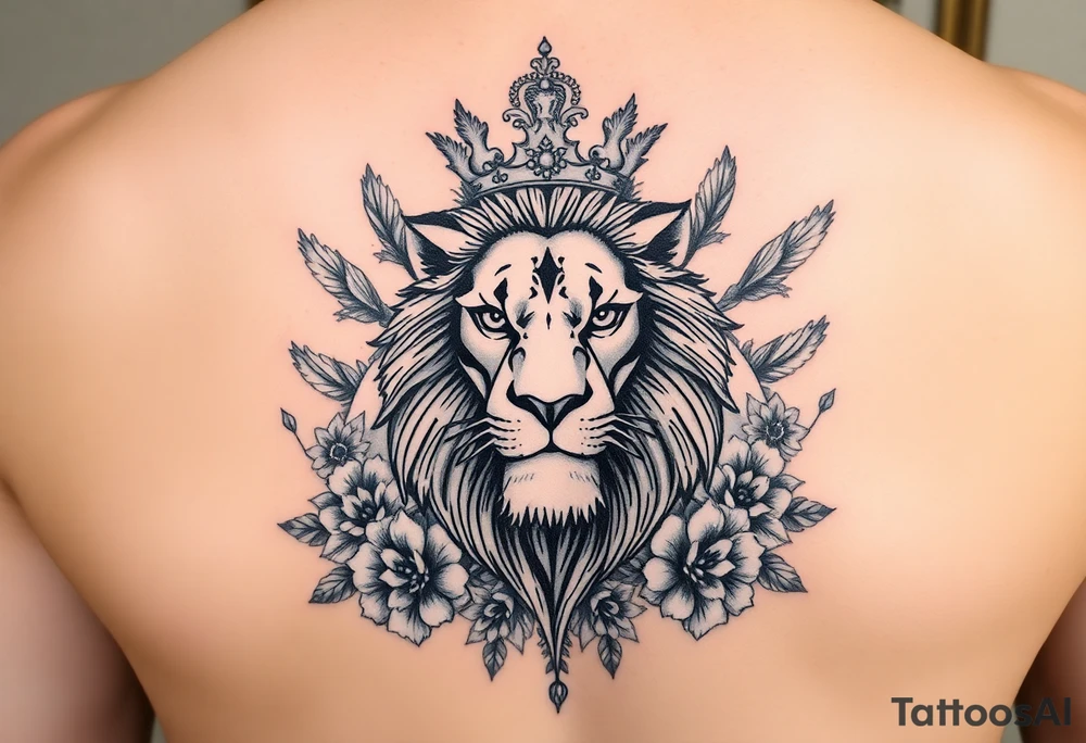 powerful majestic lion with a crown, surrounded by floral ornaments and birds tattoo idea
