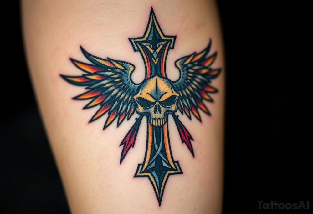 A gothic-style Metallica cross, adorned with sharp edges and dark winged skulls, glowing with fiery gold and dark blood-red shades tattoo idea