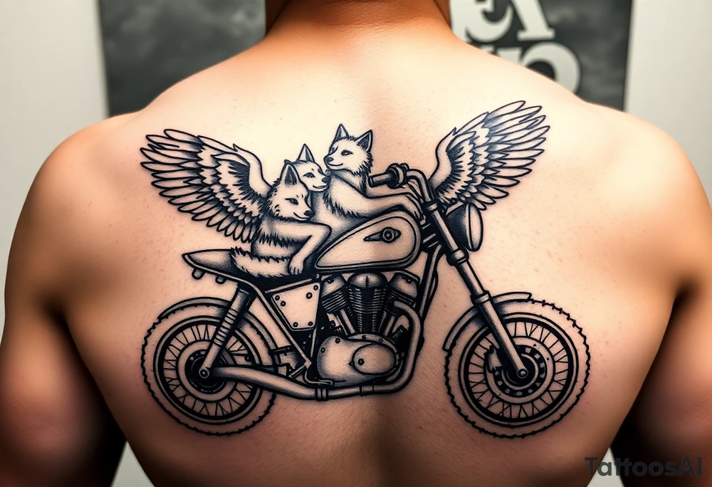a motorcycle on it with guardian angel wolves on the bike tattoo idea