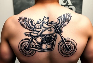 a motorcycle on it with guardian angel wolves on the bike tattoo idea