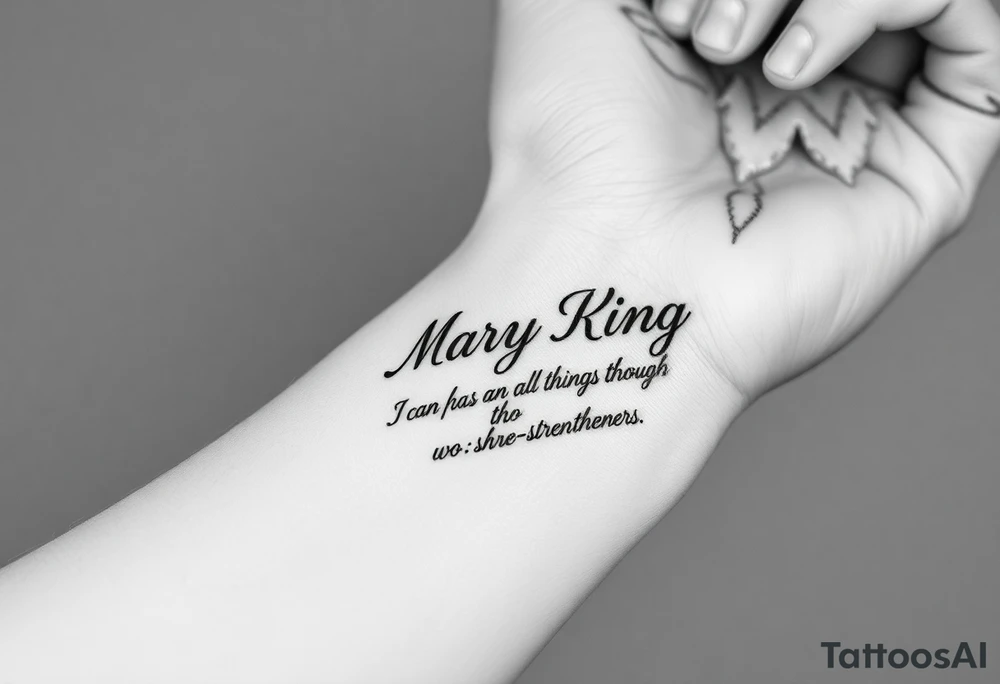 generate a pretty tattoo on my wrist with the name mary king and the bible verse “i can do all things through christ who strengthens me” and the verse tattoo idea