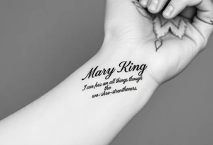generate a pretty tattoo on my wrist with the name mary king and the bible verse “i can do all things through christ who strengthens me” and the verse tattoo idea