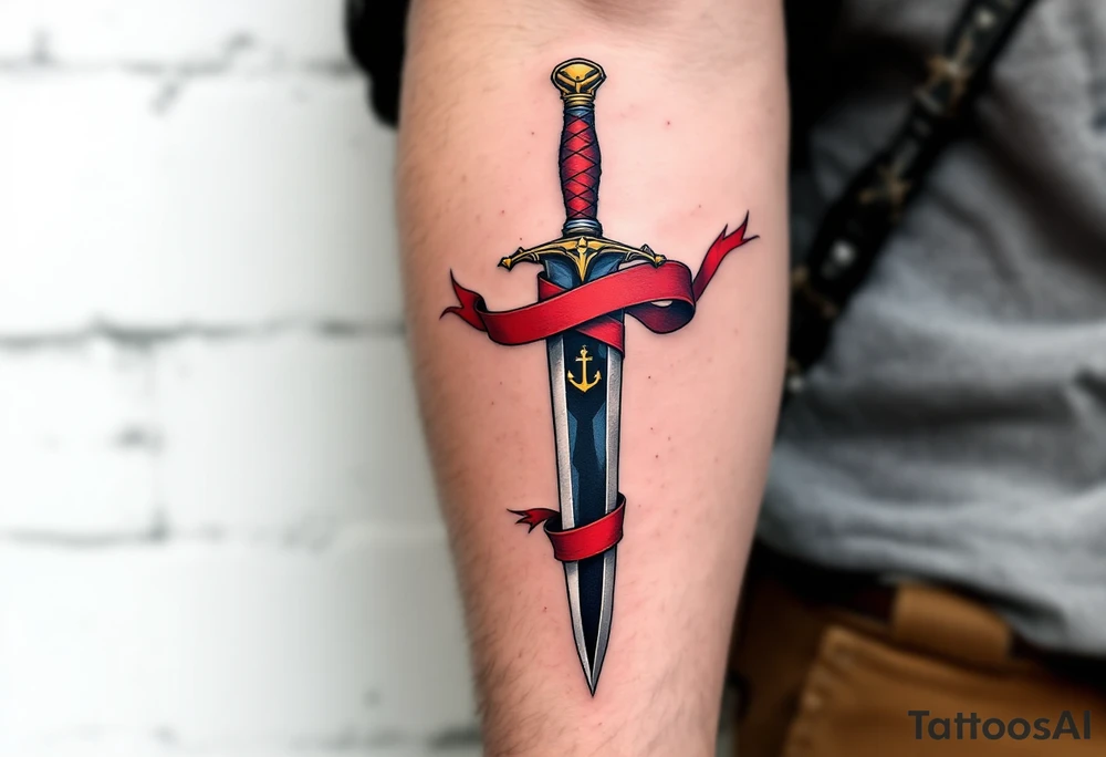 Traditional Sailor Dagger – A classic dagger design with a red ribbon wrapped around the hilt, the blade in bold black ink with hints of navy blue for shading. The handle is adorned with a golden anchor motif. tattoo idea