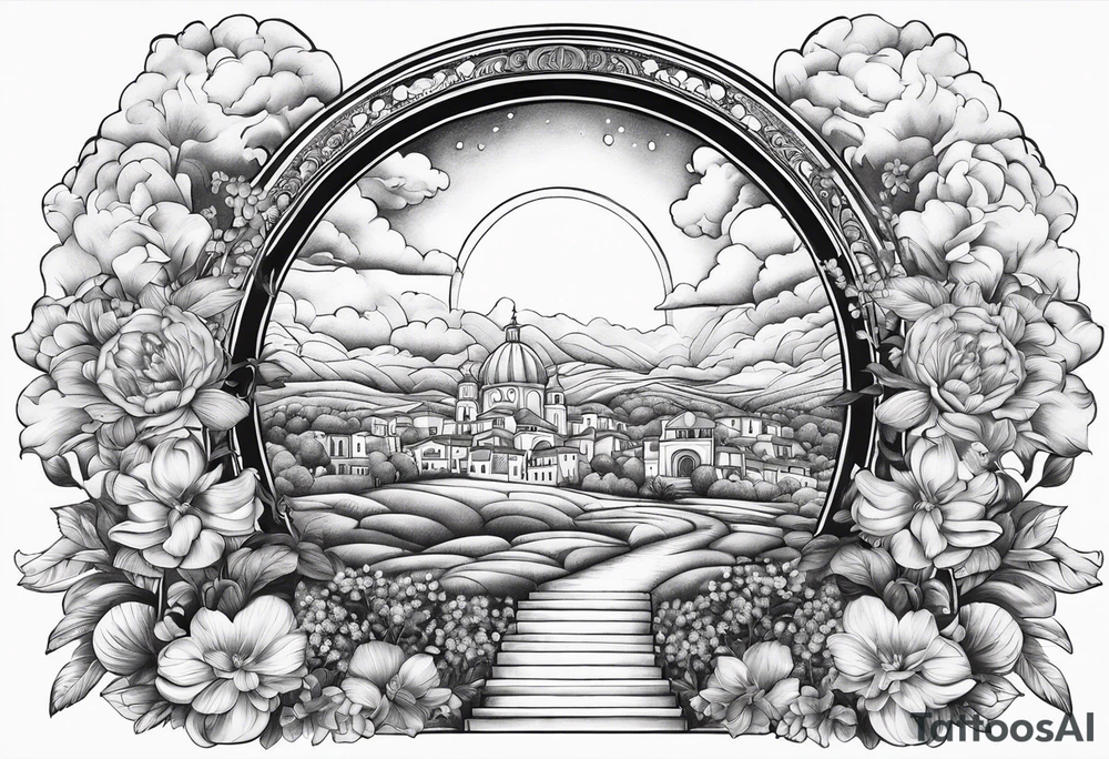 heaven town with arch
 in circle vignette surrounded by clouds flowers tattoo idea