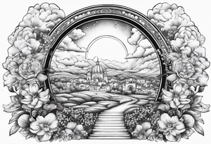 heaven town with arch
 in circle vignette surrounded by clouds flowers tattoo idea