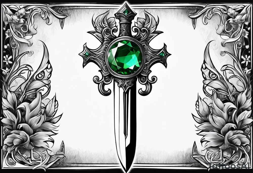 An athame dagger with an oak hilt turned upright and emerald gemstones on it tattoo idea