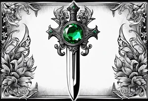 An athame dagger with an oak hilt turned upright and emerald gemstones on it tattoo idea