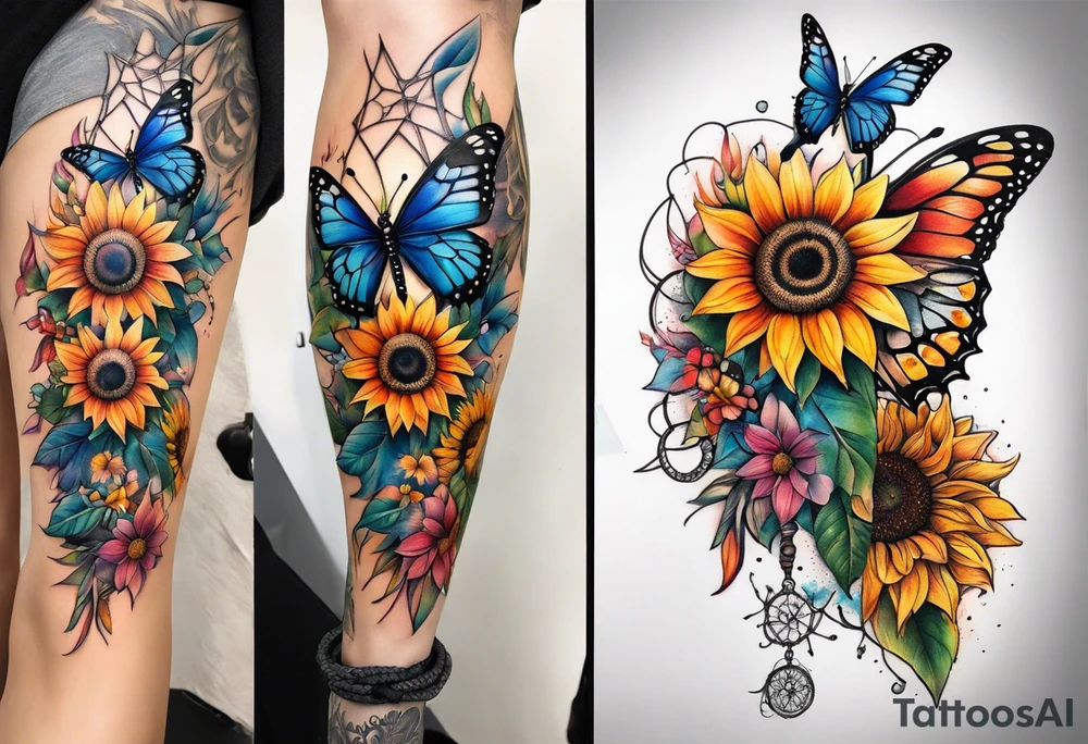 Quarter Leg sleeve with dreamcatcher, rainbow sunflowers and one butterfly tattoo idea