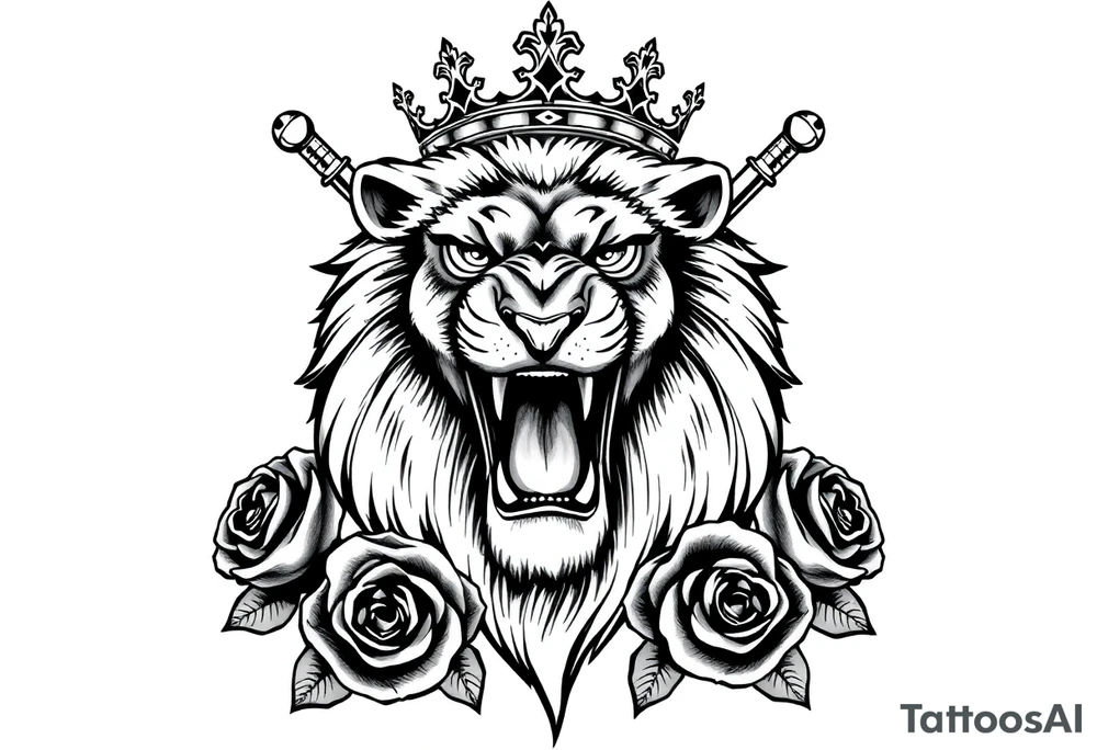 Fierce lion roaring, regal crown tilted, crossed swords framing its mane, dark roses. tattoo idea
