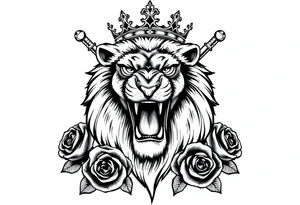 Fierce lion roaring, regal crown tilted, crossed swords framing its mane, dark roses. tattoo idea
