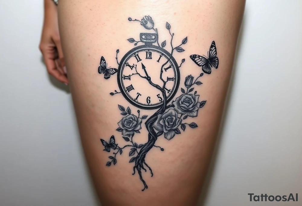 a clock, poisoned tree, big and small roses, big and small butterflies tattoo idea a clock, poisoned tree, big and small roses, big and small butterflies tattoo idea