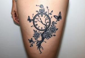 a clock, poisoned tree, big and small roses, big and small butterflies tattoo idea