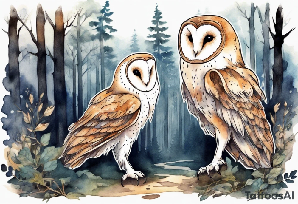 a tall creature with long legs and the head of a barn owl walking on a forest path at night tattoo idea