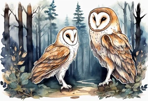 a tall creature with long legs and the head of a barn owl walking on a forest path at night tattoo idea