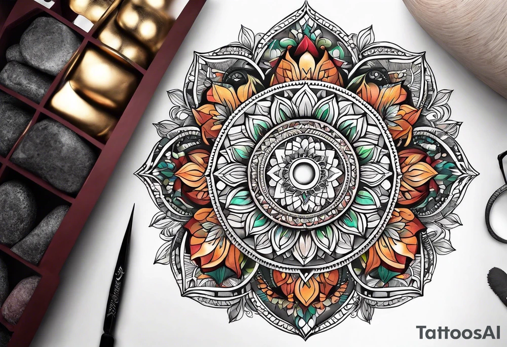 male moon mandala Knee tattoo in fall colors tattoo idea