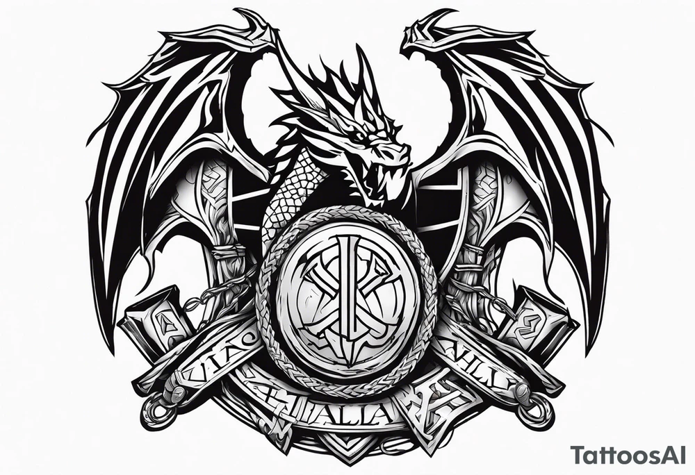 Valhalla sword shield dragon axe Valknut barbed wire chains tattoo idea Valhalla sword shield dragon axe Valknut barbed wire chains tattoo idea