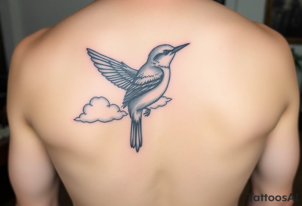 Kentucky bluebird with realistic clouds tattoo idea