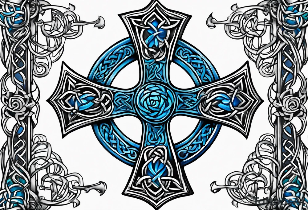 Celtic cross impaled by a blue rose tattoo idea
