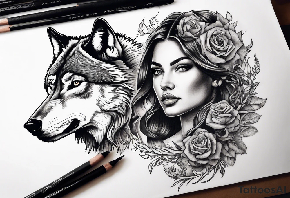 wolf's and woman's head split in half tattoo idea