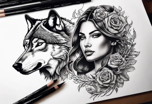 wolf's and woman's head split in half tattoo idea
