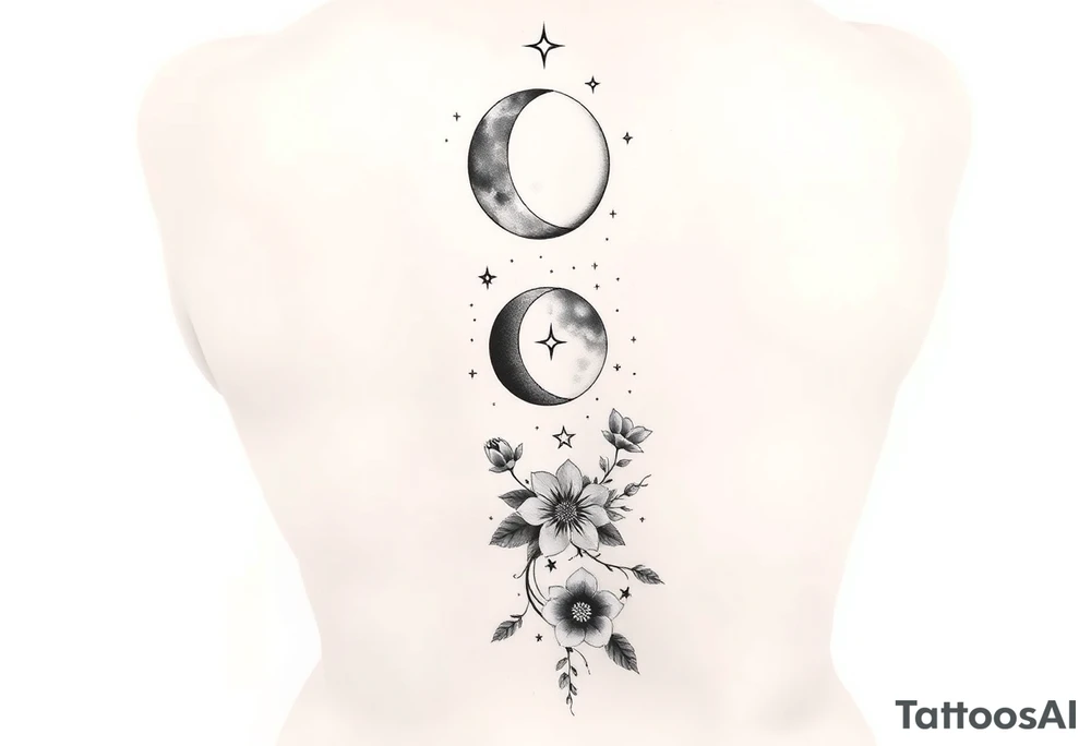 new moon, waxing crescent, first quarter, waxing gibbous, full moon, waning gibbous, last quarter, and waning crescent going down the spine vertically flowers and vines and stars around it tattoo idea