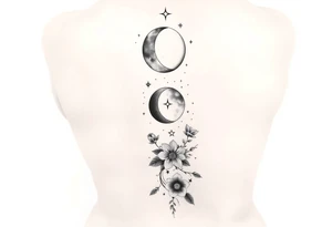 new moon, waxing crescent, first quarter, waxing gibbous, full moon, waning gibbous, last quarter, and waning crescent going down the spine vertically flowers and vines and stars around it tattoo idea