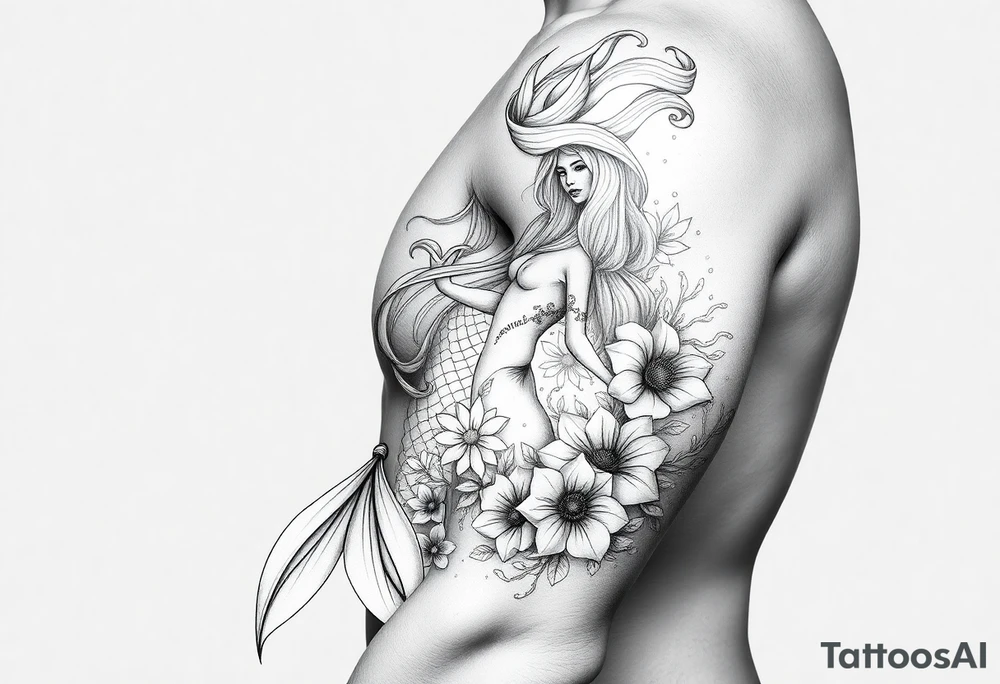 ethereal mermaid with flowing hair among coral and sea flowers tattoo idea