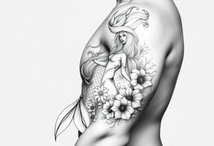 ethereal mermaid with flowing hair among coral and sea flowers tattoo idea