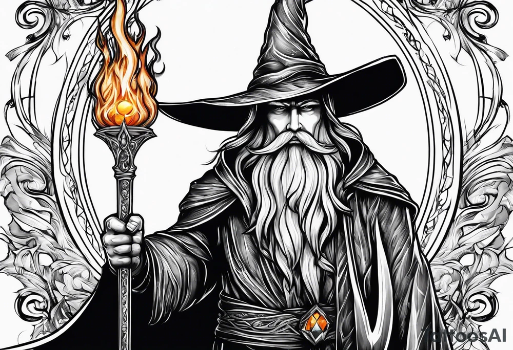 Wizard wrapped in flames and carrying a staff with a shining gem tattoo idea Wizard wrapped in flames and carrying a staff with a shining gem tattoo idea