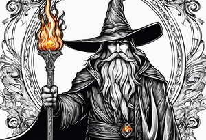 Wizard wrapped in flames and carrying a staff with a shining gem tattoo idea