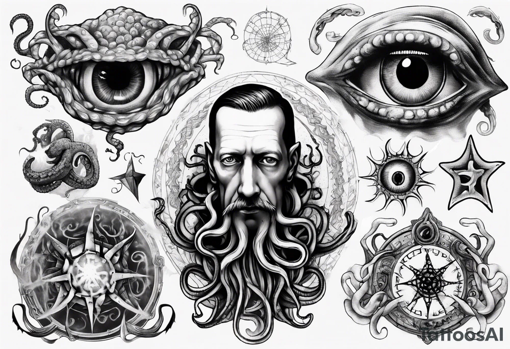 lovecraft long tattoo to put on the forearm, with eye and tentacle tattoo idea