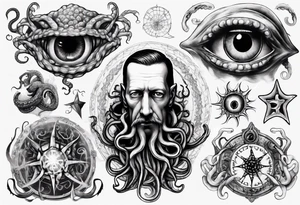 lovecraft long tattoo to put on the forearm, with eye and tentacle tattoo idea
