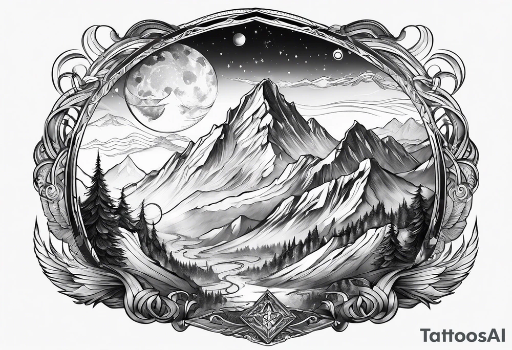 Space Viking flying over mountains tattoo idea